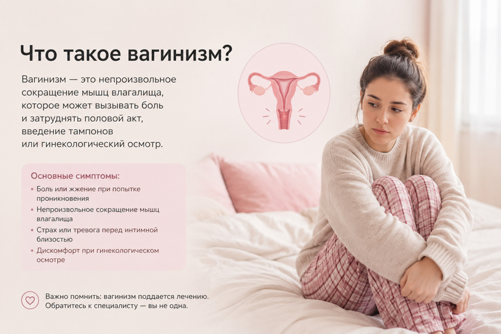 Вагинизмом называют непроизвольное сокращение мышц тазового дна при попытке проникновения во влагалище. Чаще всего этот симптом возникает по время полового контакта, также женщины могут испытывать дискомфорт при введении гигиенических тампонов, постановке вагинальных свечей или таблеток.